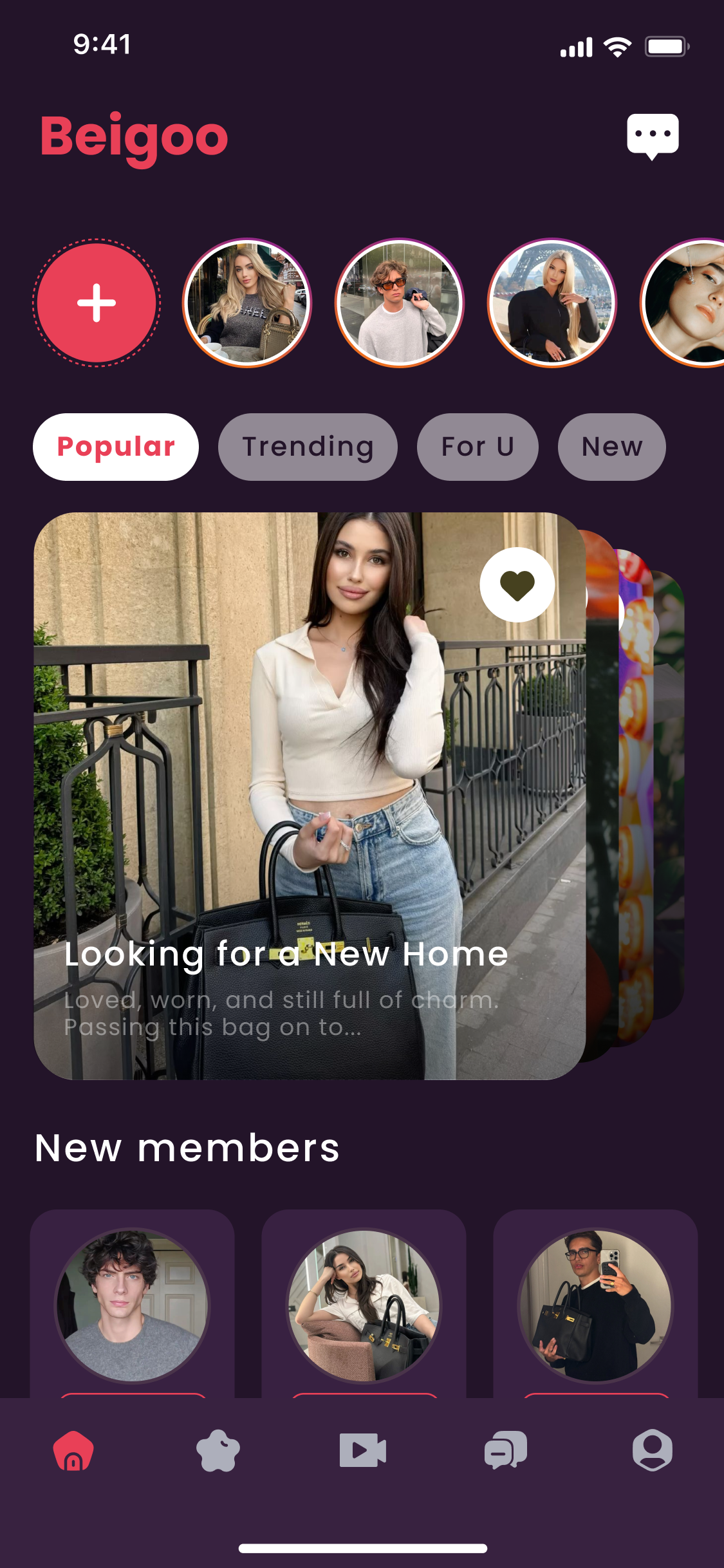 Beigoo discovery feed with preloved bags and new members